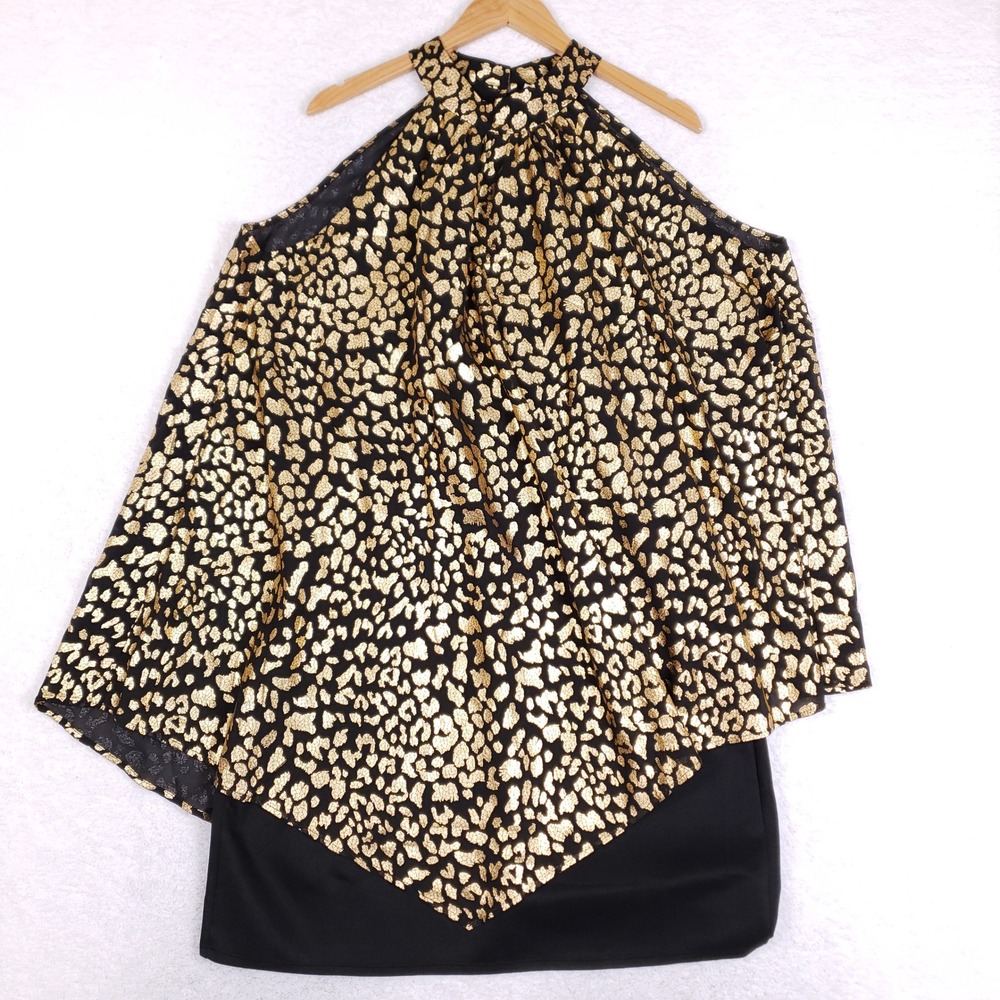 Wrapper Halter Top Metallic Gold Foil Leopard Print Handkerchief Hem Blouse